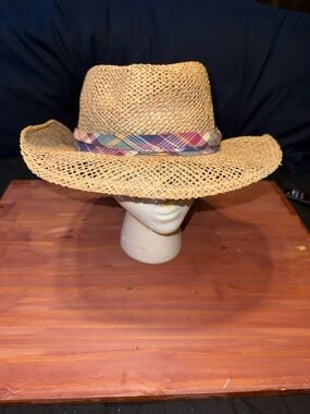 Woven Straw Sun Hat with Plaid Band OS